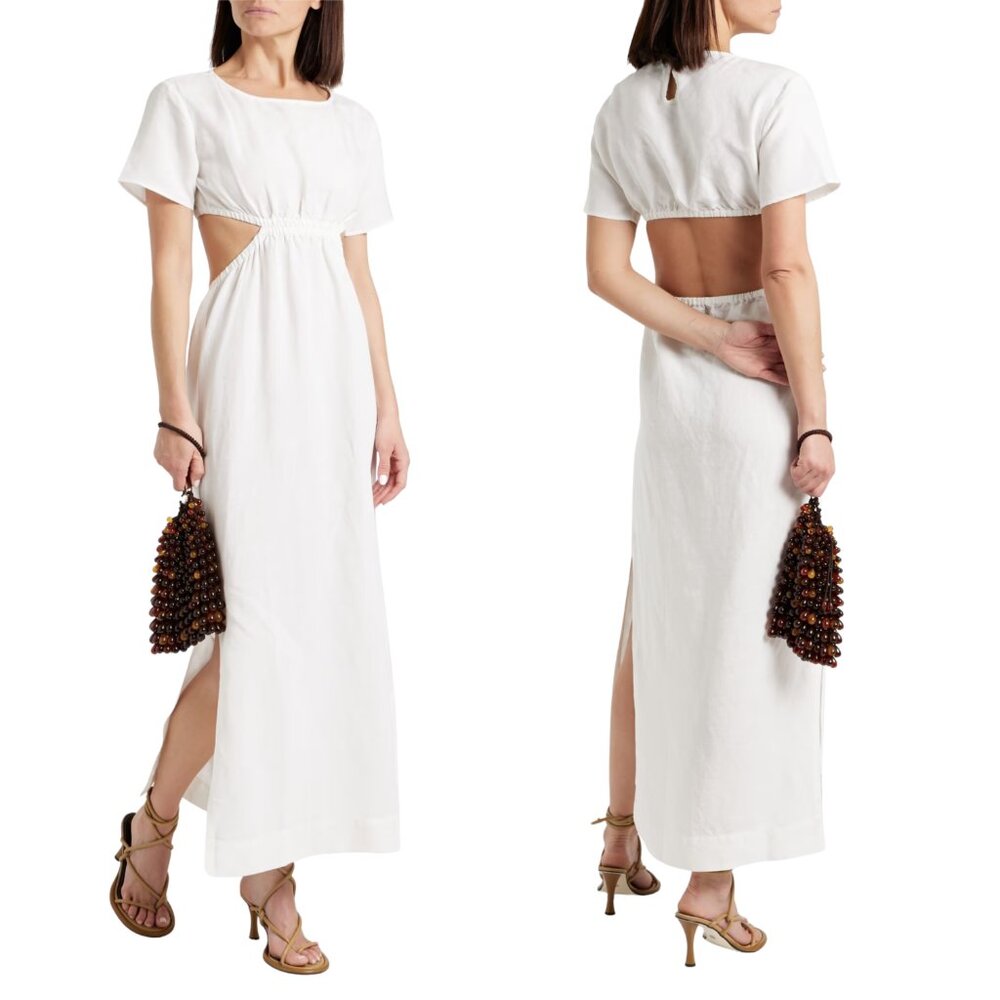 ONIA Cutout Linen Blend Maxi Dress Size Medium White Backless Elastic Waist $295